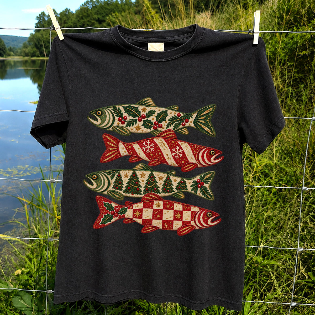 Christmas Trout Holiday Pattern Fishing Graphic T-Shirt