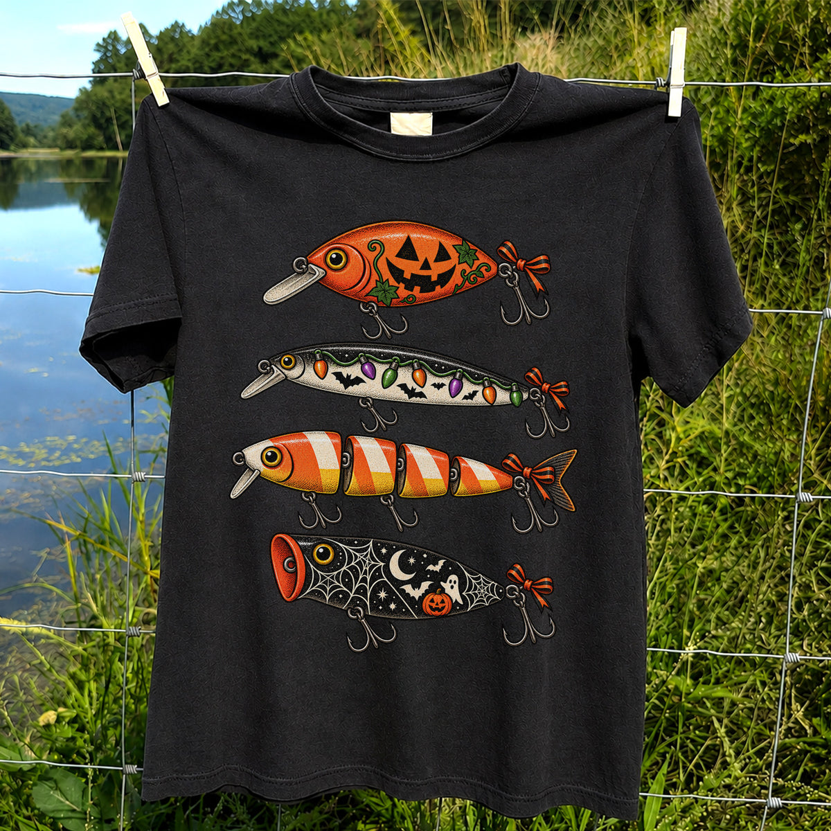 Halloween Fishing Lures with Pumpkin, Ghost and Candy Corn Graphic T-Shirt