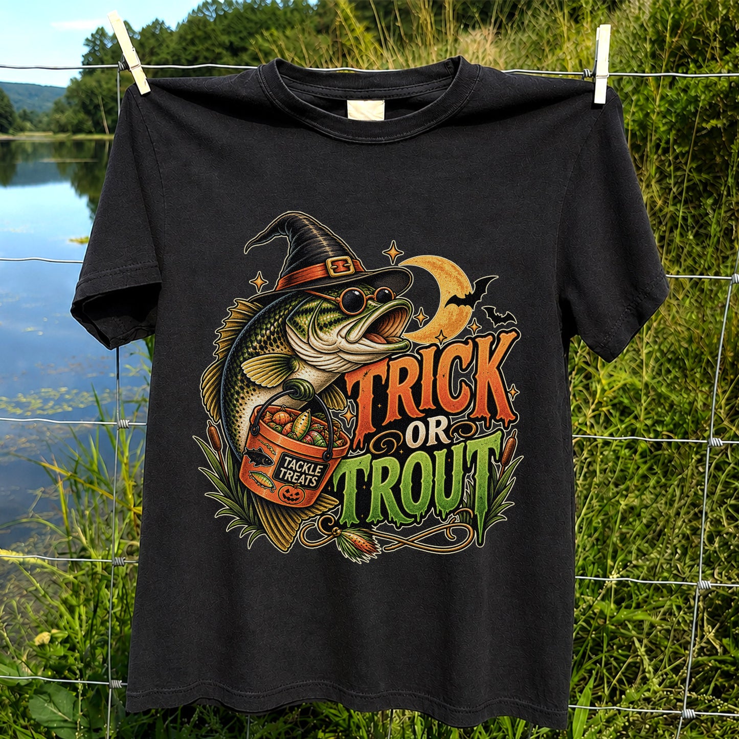 Trick or Trout Bass in Witch Hat with Tackle Treats Halloween Fishing T-Shirt