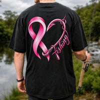 Pink Ribbon Heart Fish Hook Fishing Graphic T-Shirt | Back Print