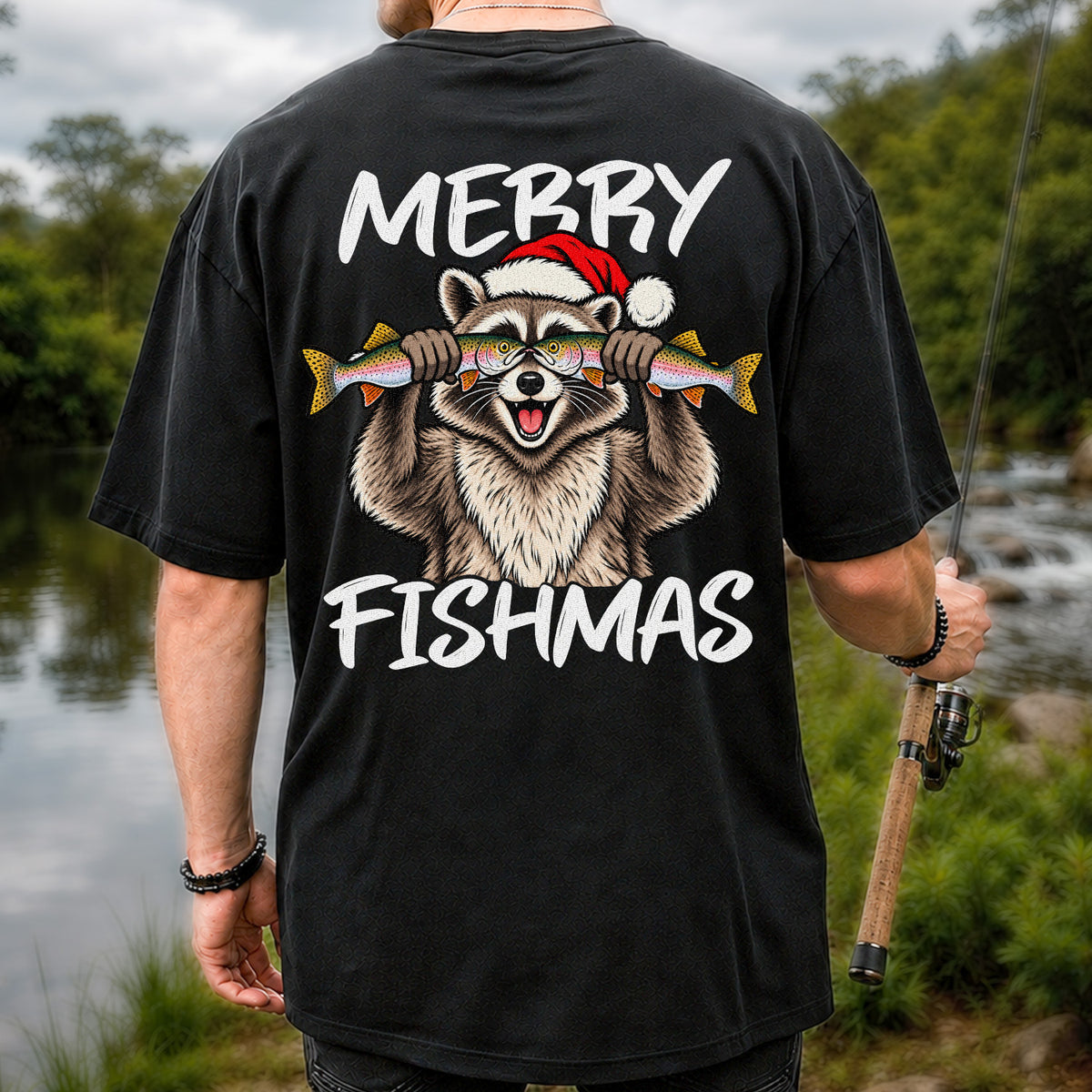 Merry Fishmas Raccoon Rainbow Trout Christmas Fishing T-Shirt | Back Print
