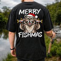 Merry Fishmas Raccoon Rainbow Trout Christmas Fishing T-Shirt | Back Print
