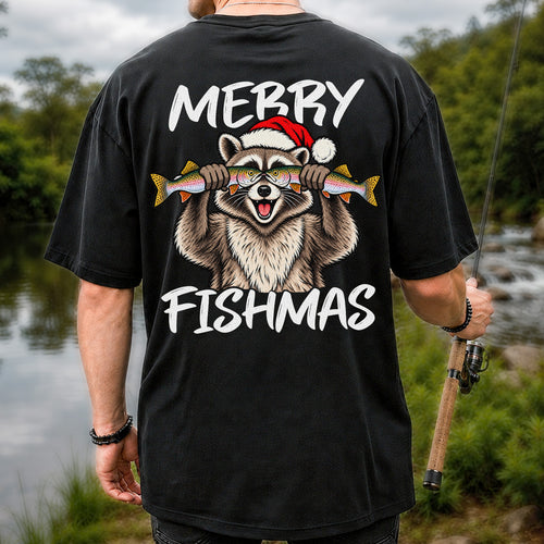 Merry Fishmas Raccoon Rainbow Trout Christmas Fishing T-Shirt | Back Print
