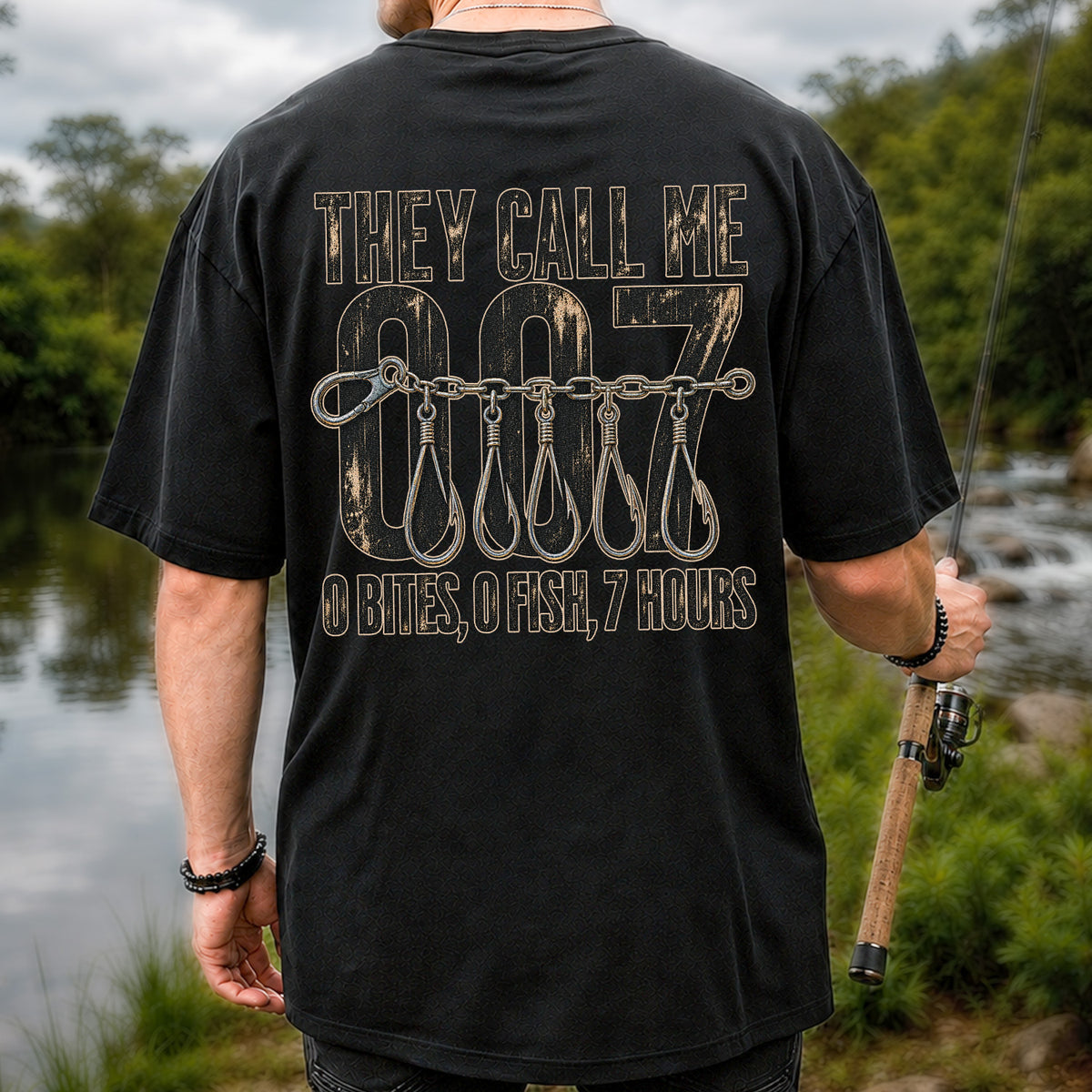 Zero Bites Fishing Hook Funny Graphic T-Shirt | Back Print