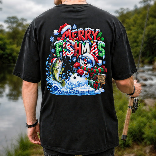 Merry Fishmas Christmas Fishing Graphic T-Shirt | Back Print