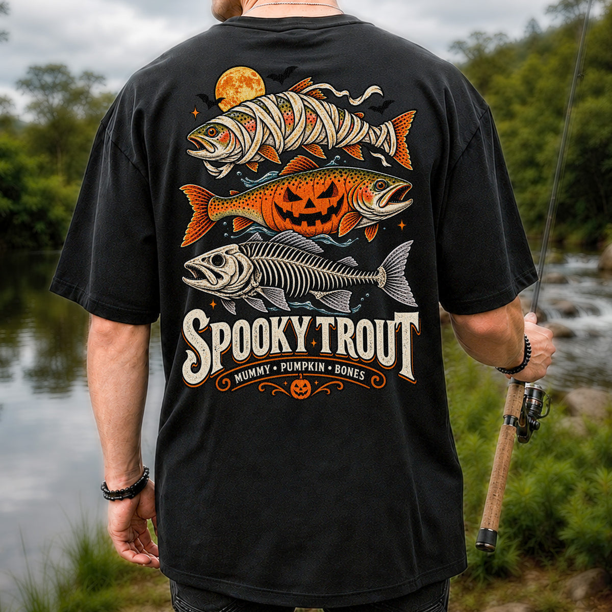 Spooky Trout Mummy Pumpkin Bones Halloween Fishing T-Shirt | Back Print