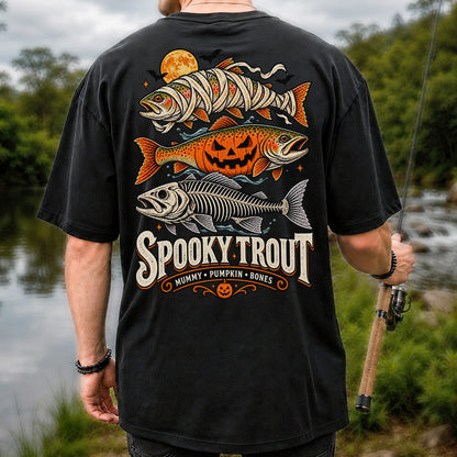 Spooky Trout Mummy Pumpkin Bones Halloween Fishing T-Shirt | Back Print