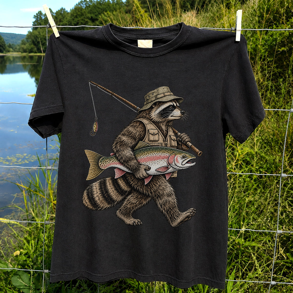 Raccoon Angler Holding Rainbow Trout Fishing Graphic T-Shirt