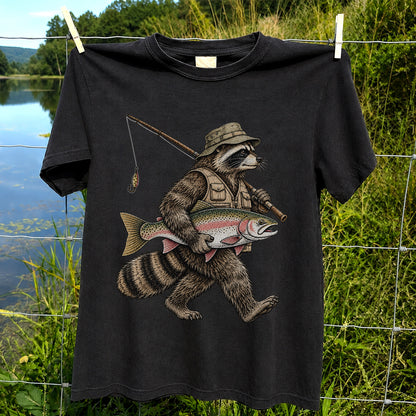 Raccoon Angler Holding Rainbow Trout Fishing Graphic T-Shirt