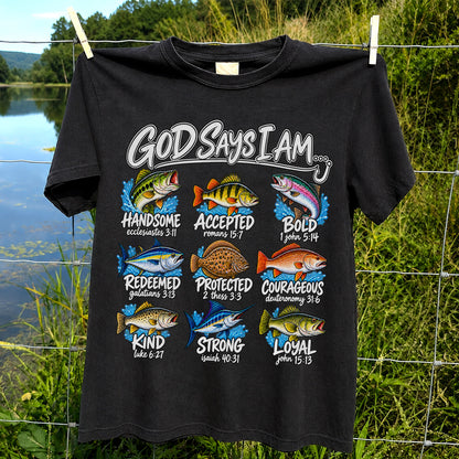 God Says I Am Christian Fish and Bible Verse Fishing Graphic T-Shirt