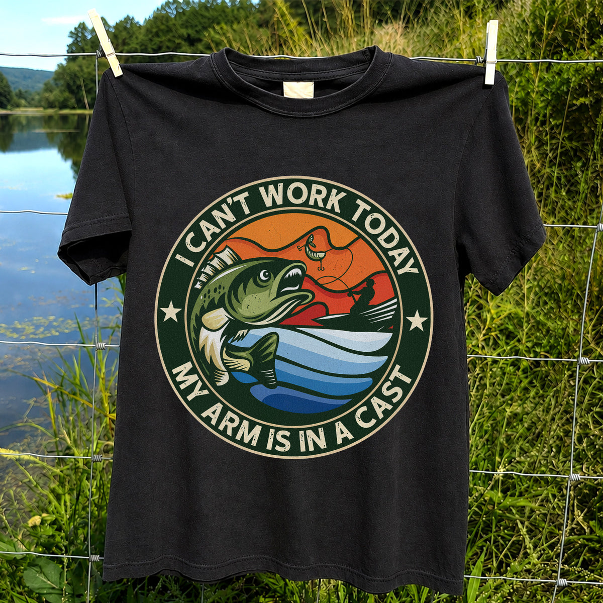 I Can't Work Today My Arm Is in a Cast Bass Fishing T-Shirt