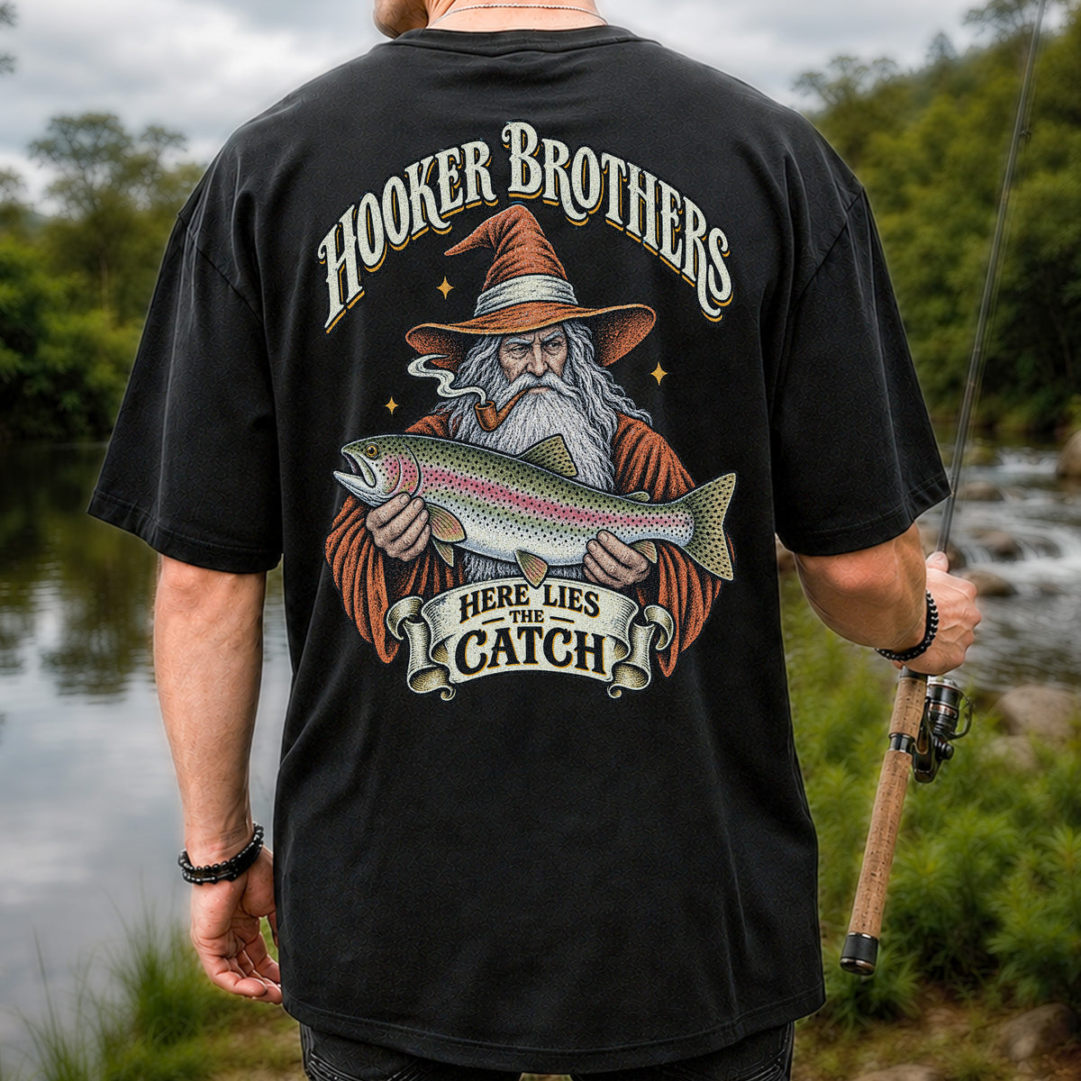 Hooker Brothers Here Lies the Catch Wizard Trout Fishing T-Shirt | Back Print
