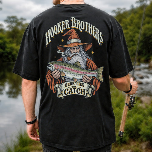Hooker Brothers Here Lies the Catch Wizard Trout Fishing T-Shirt | Back Print