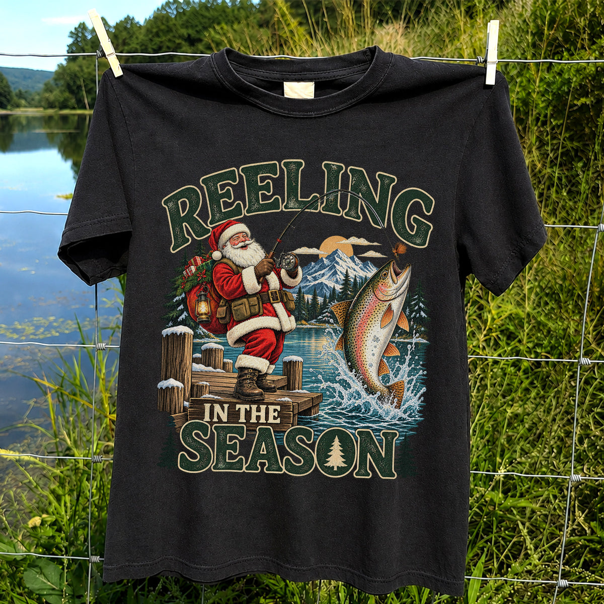 Reeling in the Season Santa Fishing for Rainbow Trout Christmas T-Shirt