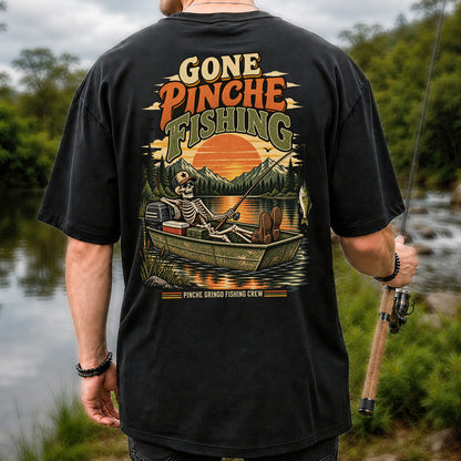 Gone Pinche Fishing Skeleton in a Boat Retro Graphic T-Shirt | Back Print