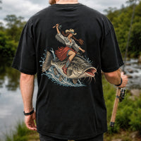 Cowgirl Riding a Largemouth Bass Fishing Graphic T-Shirt | Back Print