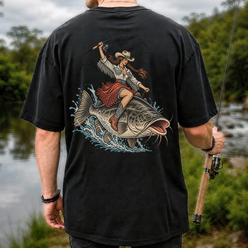Cowgirl Riding a Largemouth Bass Fishing Graphic T-Shirt | Back Print