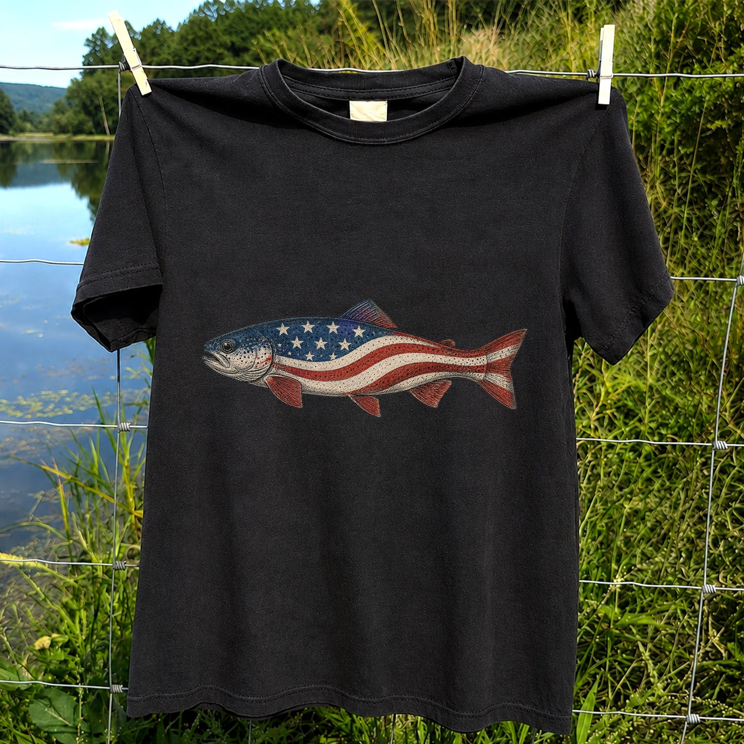 American Flag Trout Patriotic Fishing Graphic T-Shirt