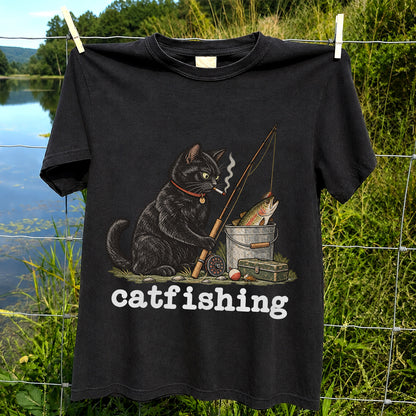 Catfishing Smoking Black Cat with Fishing Rod Funny T-Shirt