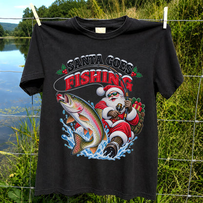 Santa Goes Fishing Rainbow Trout Christmas Graphic T-Shirt