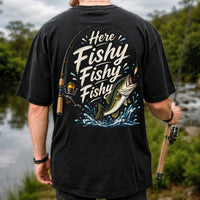 Here Fishy Fishy Fishy Funny Bass Fishing Graphic T-Shirt | Back Print