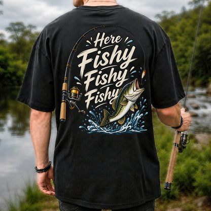 Here Fishy Fishy Fishy Funny Bass Fishing Graphic T-Shirt | Back Print
