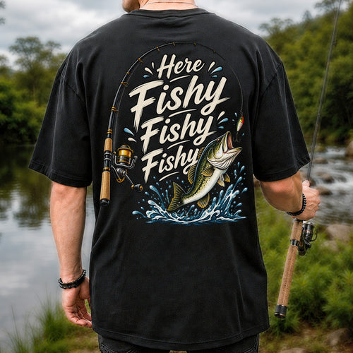 Here Fishy Fishy Fishy Funny Bass Fishing Graphic T-Shirt | Back Print