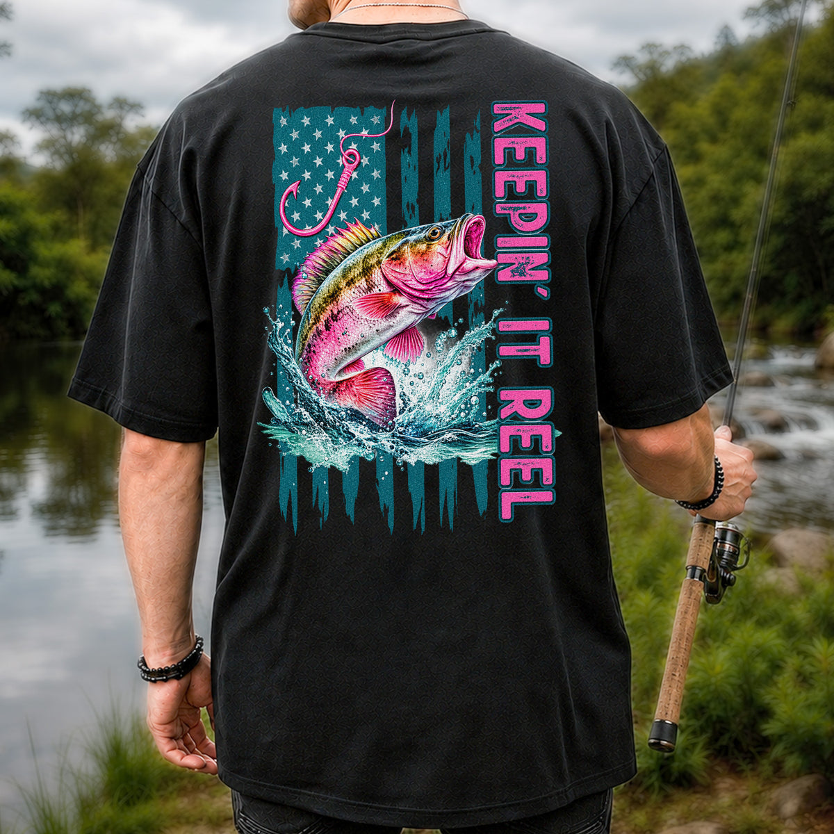Keepin' It Reel Bass Fishing American Flag Graphic T-Shirt | Back Print