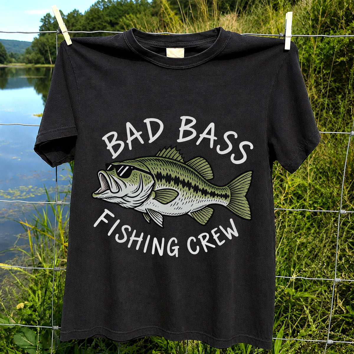 Bad Bass Fishing Crew Funny Graphic T-Shirt