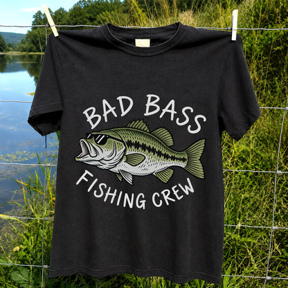 Bad Bass Fishing Crew Funny Graphic T-Shirt