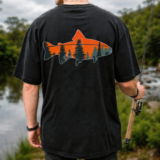 Trout Silhouette with Pine Forest Fishing Graphic T-Shirt | Back Print