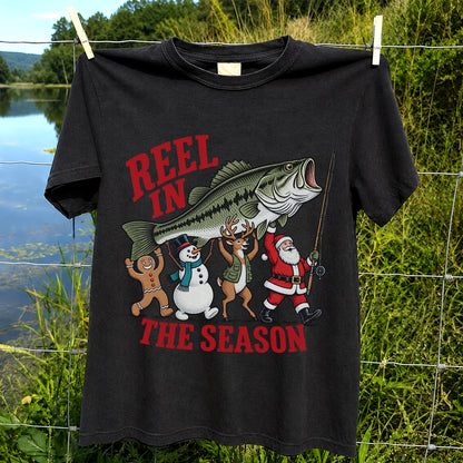 Reel in the Season Bass Christmas Fishing Graphic T-Shirt