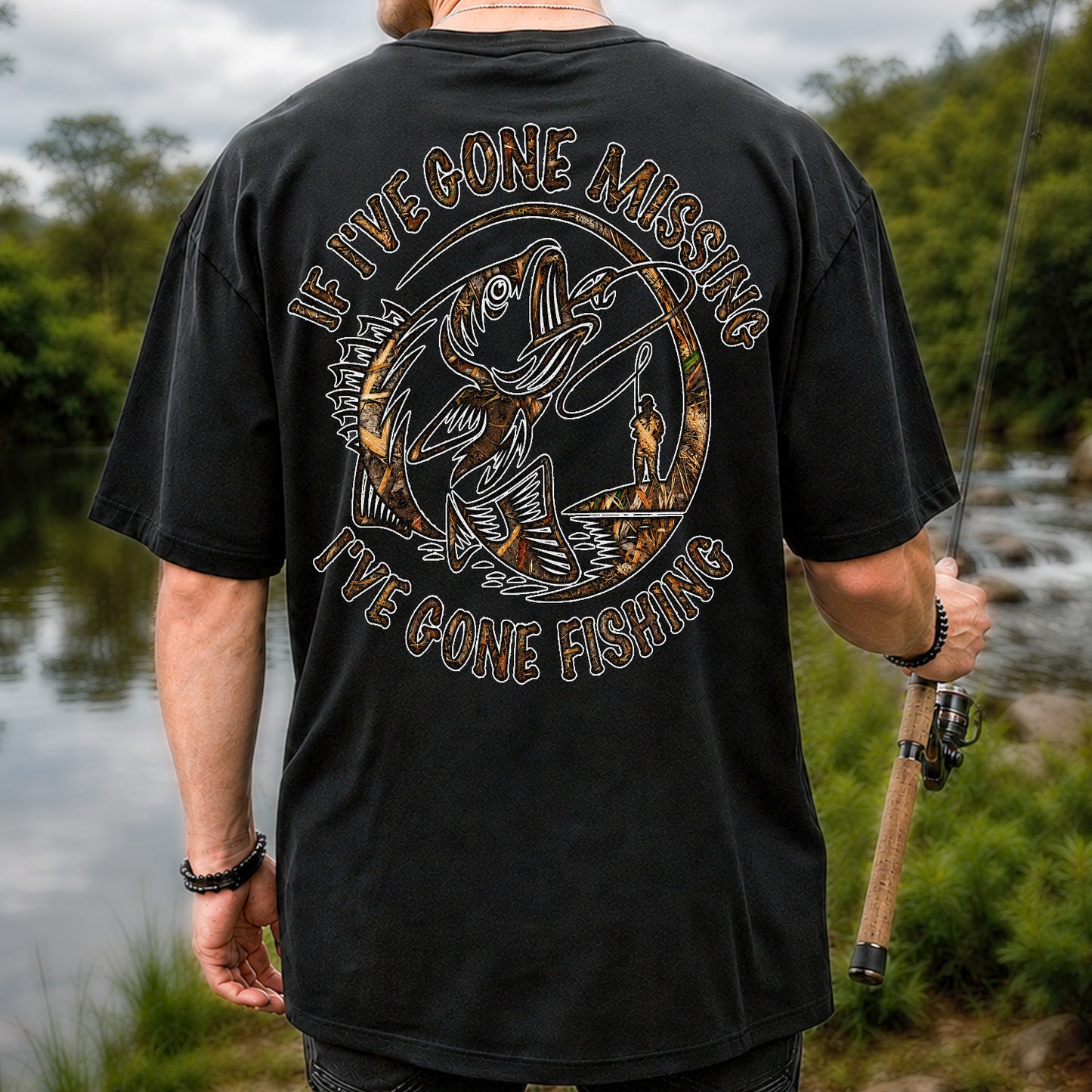 If I've Gone Missing I've Gone Fishing Jumping Bass Funny T-Shirt | Back Print
