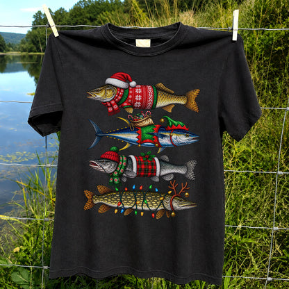 Christmas Fish in Festive Sweaters Fishing Graphic T-Shirt