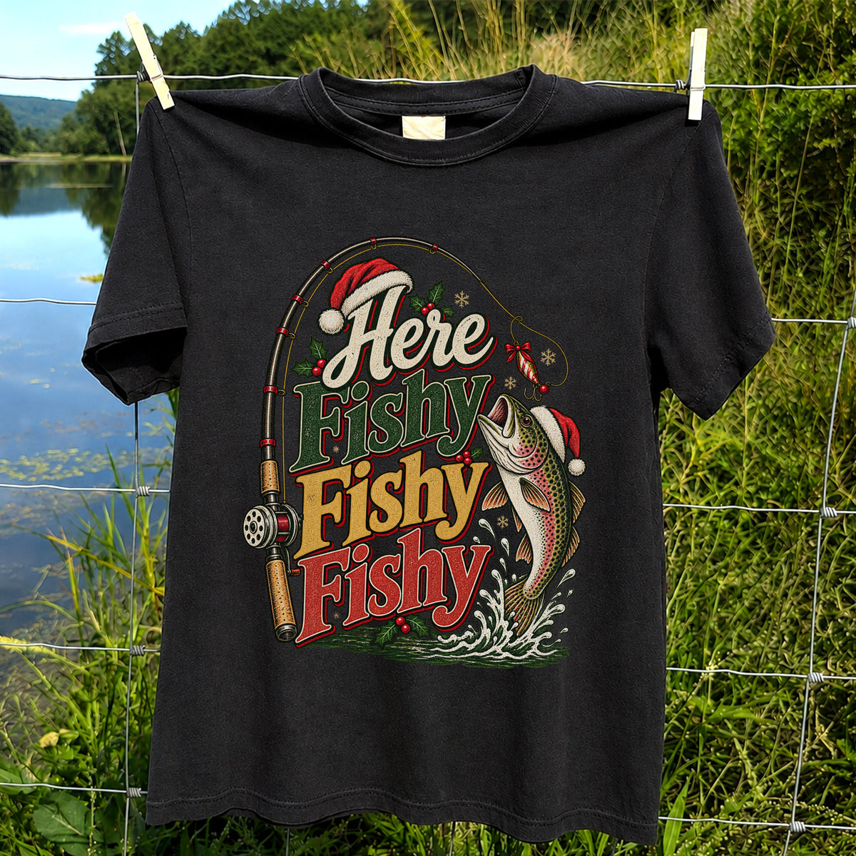 Here Fishy Fishy Fishy Christmas Rainbow Trout Fishing T-Shirt