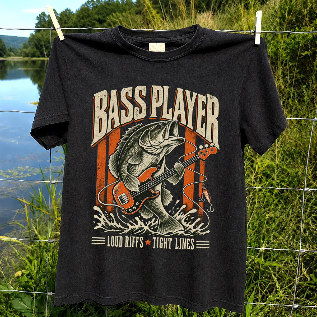 Bass Playing Guitar Vintage Fishing Graphic T-Shirt