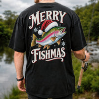 Merry Fishmas Rainbow Trout in a Santa Hat Christmas Fishing T-Shirt | Back Print
