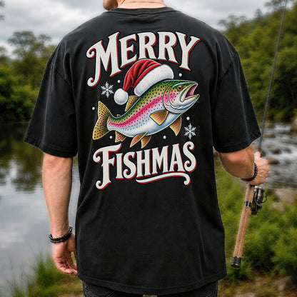 Merry Fishmas Rainbow Trout in a Santa Hat Christmas Fishing T-Shirt | Back Print