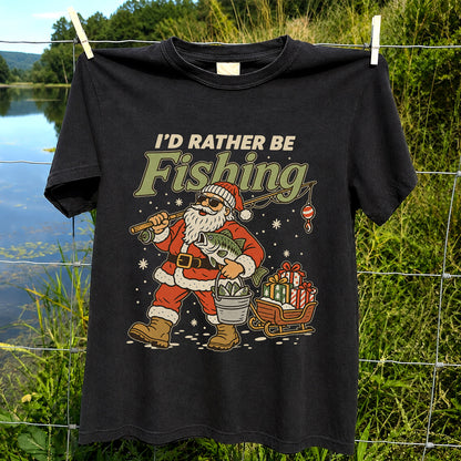 Santa Claus Fishing with Bass Christmas T-Shirt