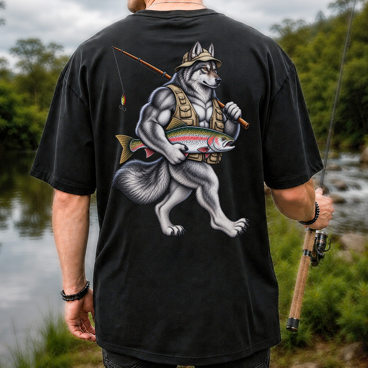 Wolf Angler Holding Rainbow Trout Fishing Graphic T-Shirt | Back Print