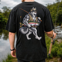 Wolf Angler Holding Rainbow Trout Fishing Graphic T-Shirt | Back Print