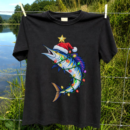 Christmas Marlin Wrapped in Lights Fishing T-Shirt