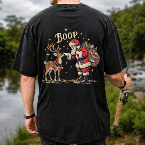 Santa and Reindeer Fishing Christmas Graphic T-Shirt | Back Print