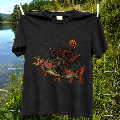 Halloween Cowboy Trout Fishing T-Shirt Pumpkin Fishing Tee