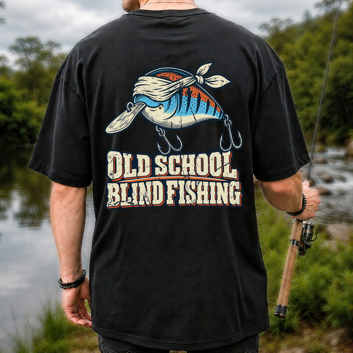 Old School Blind Fishing Blindfolded Lure Graphic T-Shirt | Back Print