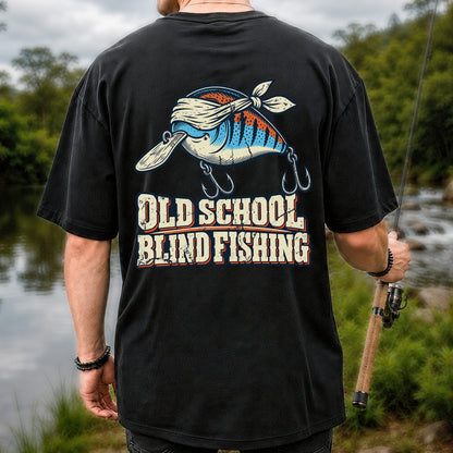 Old School Blind Fishing Blindfolded Lure Graphic T-Shirt | Back Print