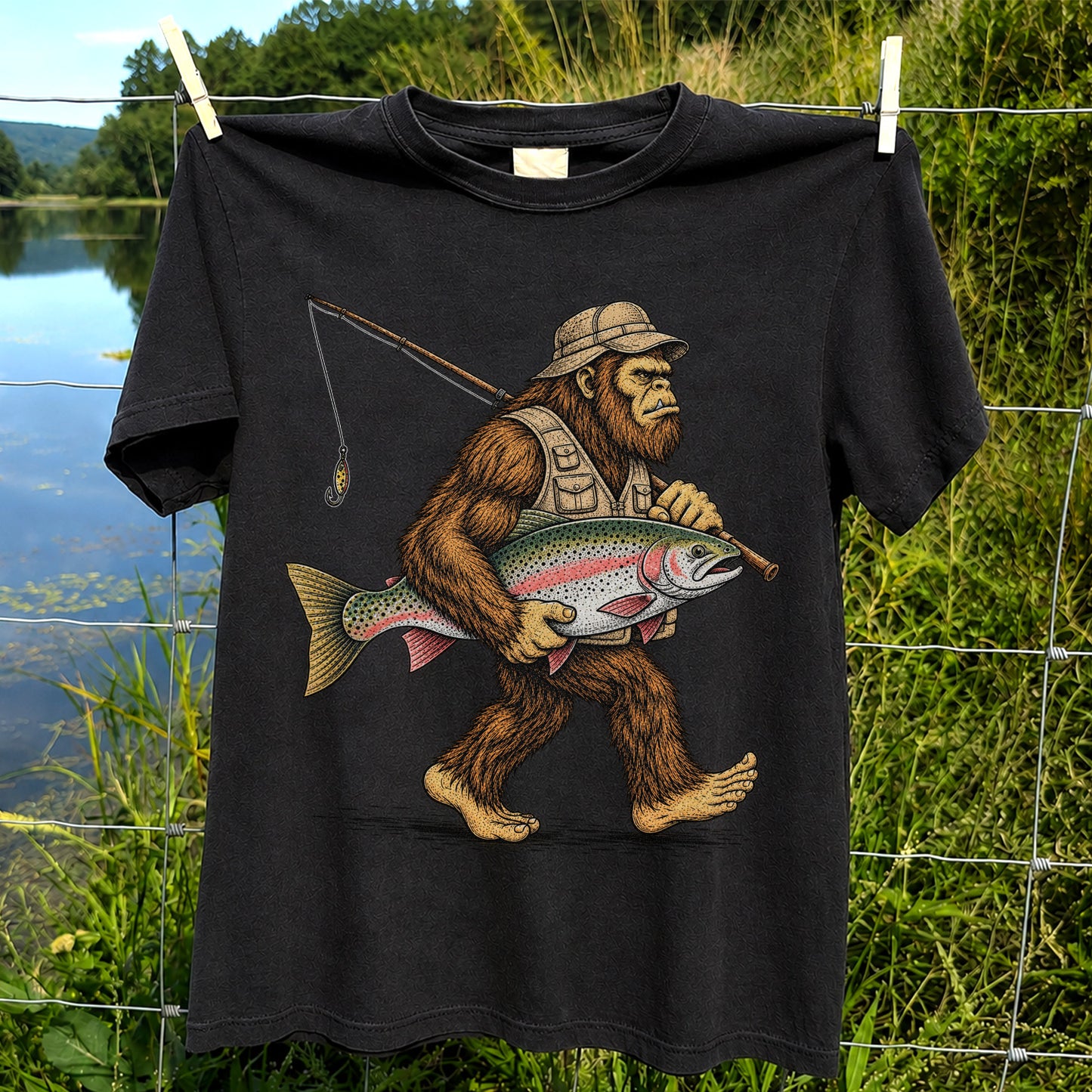 Bigfoot Holding Rainbow Trout Vintage Fishing Graphic T-Shirt