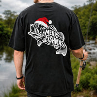 Santa Hat Fish Christmas Fishing Graphic T-Shirt | Back Print