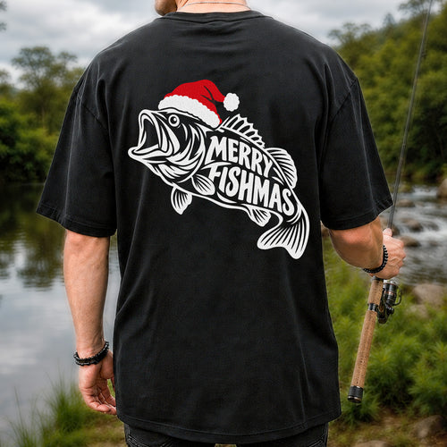 Santa Hat Fish Christmas Fishing Graphic T-Shirt | Back Print