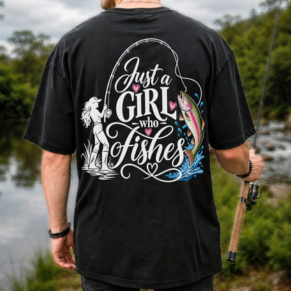Just a Girl Who Fishes Rainbow Trout and Female Angler Fishing T-Shirt | Back Print